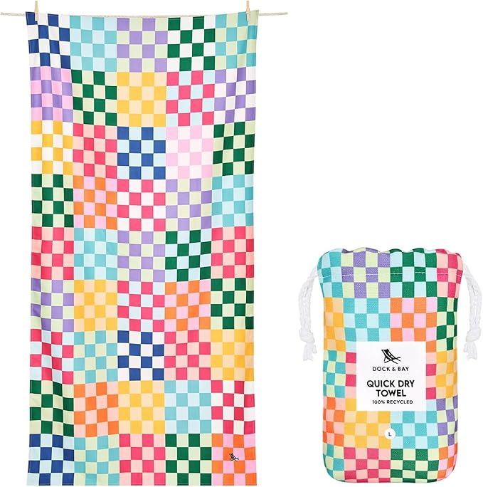 Dock & Bay Kid's Towel - for Beach Use - Quick Dry, Sand Free - Compact, Lightweight - 100% Recycled - Includes Bag - Check Me Out, Medium (130x70cm, 51x28)
