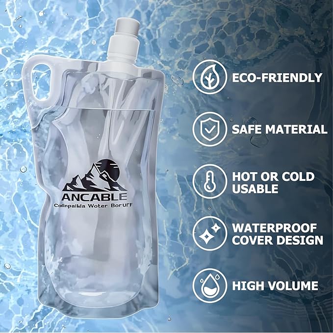 Ancable 1L Hiking Collapsible Water Bottles, 8-Pack 33OZ BPA-Free Foldable Backpacking Water Bottle for Travel Camping Hiking