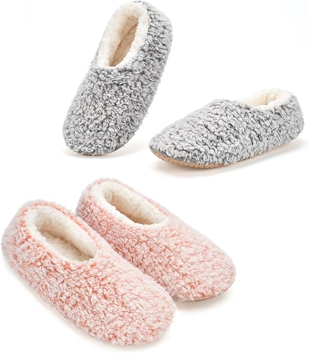 Cozylook 2-Pair Women's Soft Sole Slipper Socks with Grippers, Thick Warm Cozy Sherpa Lined Home Socks Set, Cable Knitted Non-slip Fluffy Winter House Bedroom Slippers