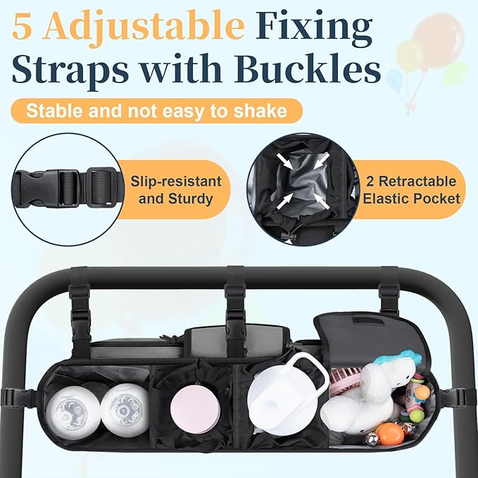 Double Stroller Organizer Compatible with Bob Duallie and Baby Jogger City Mini GT2, Double Baby Stroller Accessories with Cooler Bag, Parent Console Double Jogging Stroller Caddy, Grey