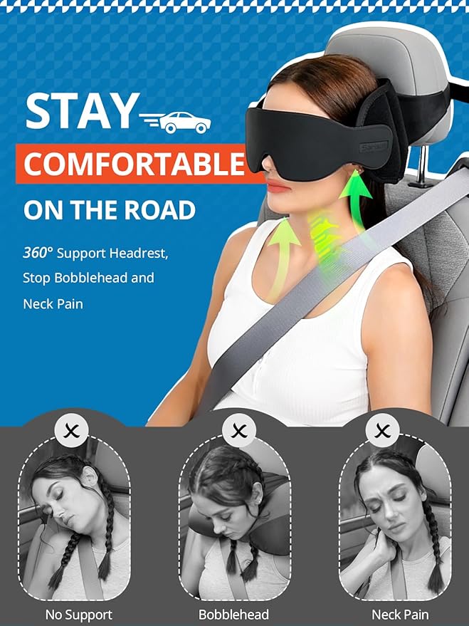 Travel Pillow, Car Travel Pillow with 3D Eye Mask for Sleep, 360° Head Support Strap for All Car Seat, Road Trip Essentials, Stop Bobblehead, Black