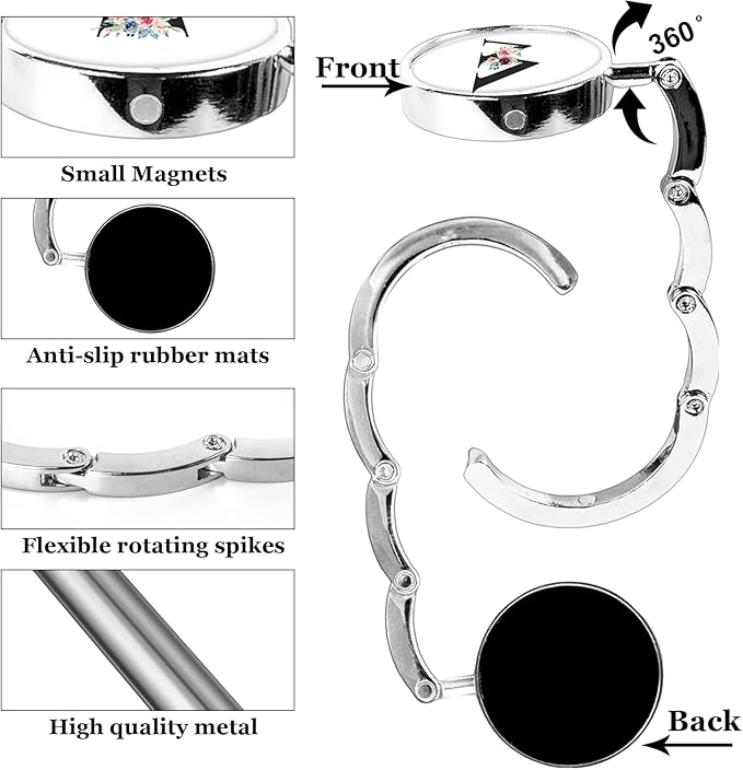 XSUIOY 3Pcs Personalized Initial Foldable Purse Hook for Table,Crushed Flower Letters Folding Purse Hanger,Purse Holder Handbag Hanger Collection Desk Table Bag Hooks Gifts for Women Bag(Black-W)