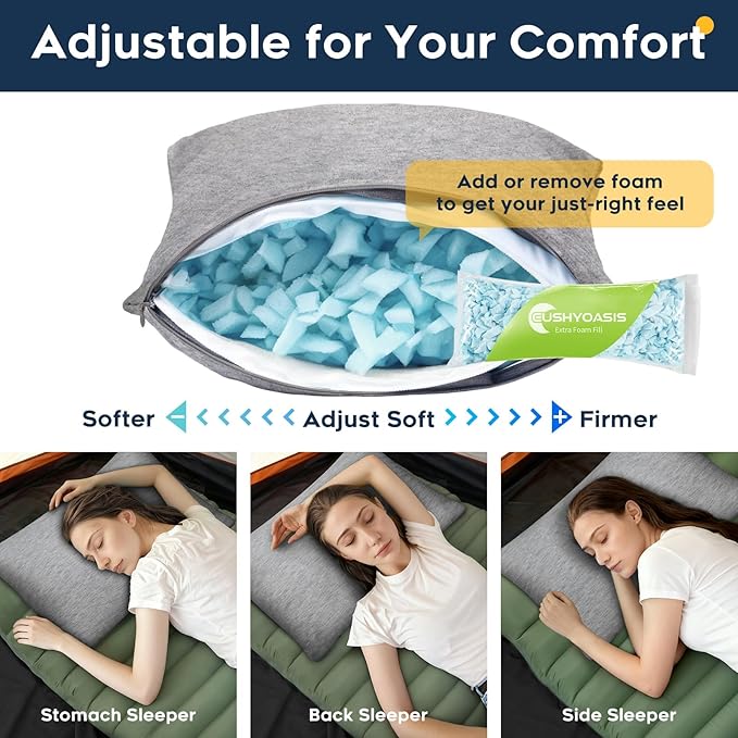 All-in-1 Travel Pillow Set - Shredded Memory Foam Neck Pillow Camping Pillow with Eye Mask, Earplugs, Washable Cover, Compact for Backpacking, Camping, Flights, Car Travel (Large Size)
