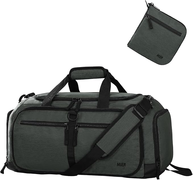 MIER Foldable Duffle Bag with Shoe Compartment 50L Travel Duffel Bags for Men Women Packable Overnight Bag for Camping Gym Weekender, Green Gray