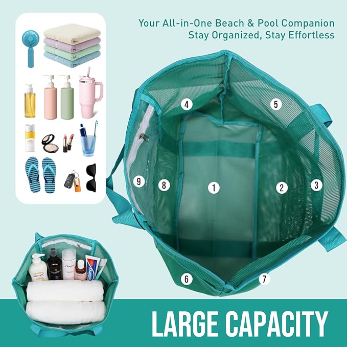 Large Mesh Beach Tote Bag, 9-Pocket Foldable Summer Vacation Beach Bag for Travel, Pool, Gym, Cruise