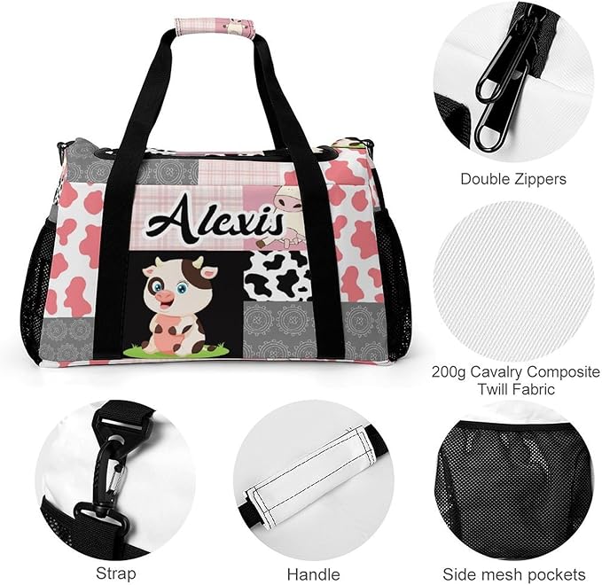 Personalized Pink Grey Patchwork Cow Print Duffle Bag with Adjustable Shoulder Strap Tote Bag for Women Man Workouts Custom Travel Perform Bag