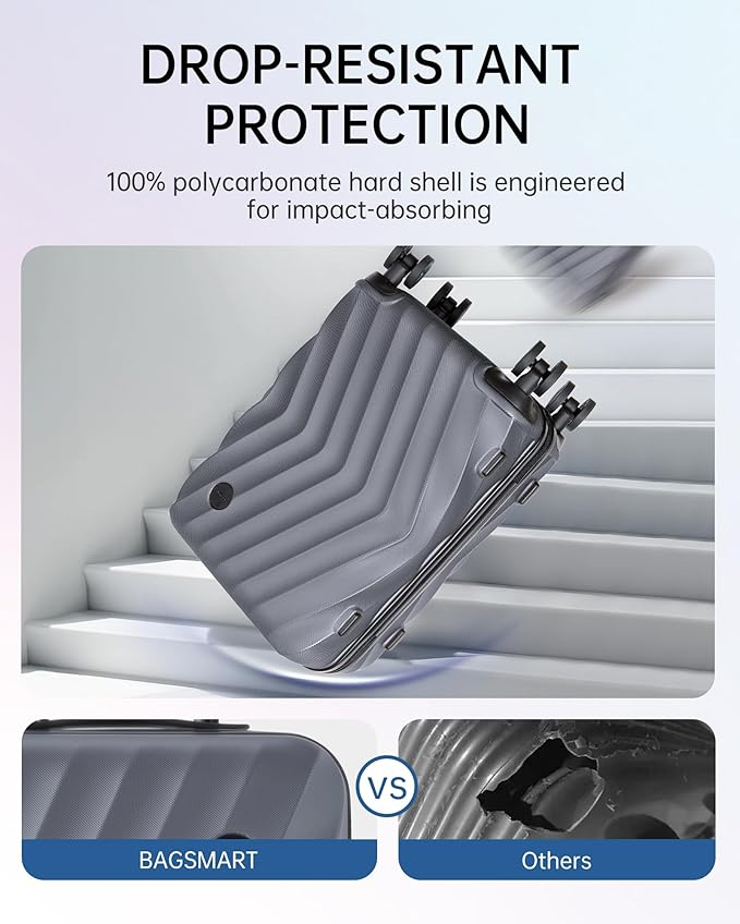 BAGSMART Carry On Luggage 22x14x9 Airline Approved,PC Hardside Suitcase,20 Inch Travel Luggage with Spinner Wheels, Lightweight Suitcases for Men Women, Grey