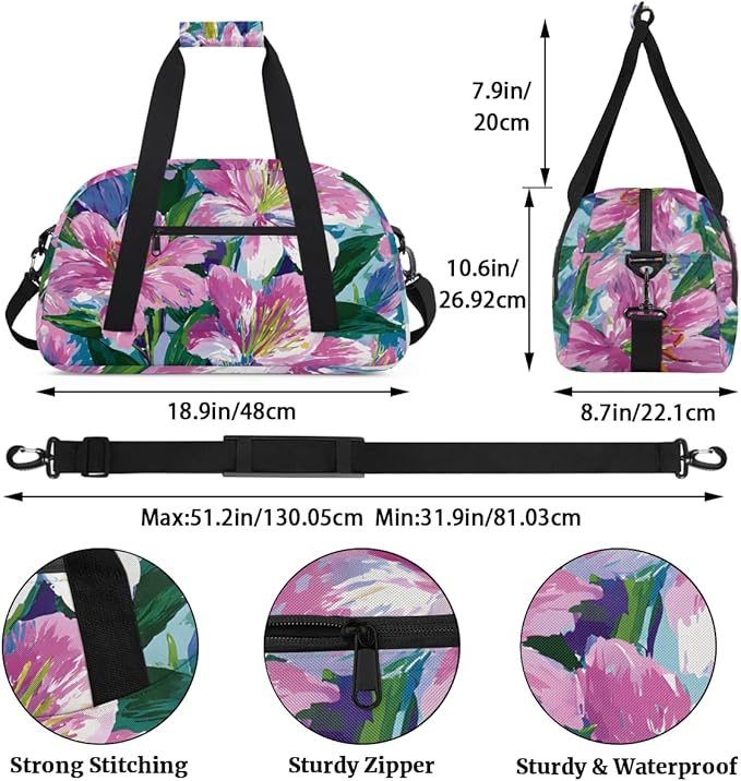 Flower Lily Gym Travel Duffle Bag for Women & Men with Front Zipper Pocket for Sports, Overnight, Weekender, Carry On,Workout & Dance Bag,Floral Lily,18.9 * 8.7 * 10.6 in