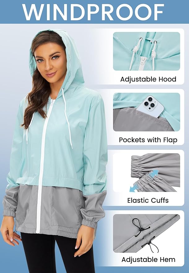 Zando Lightweight Rain Jacket Women Waterproof - Raincoat for Women Packable Rain coat Hooded Windbreaker for Travel Outdoor