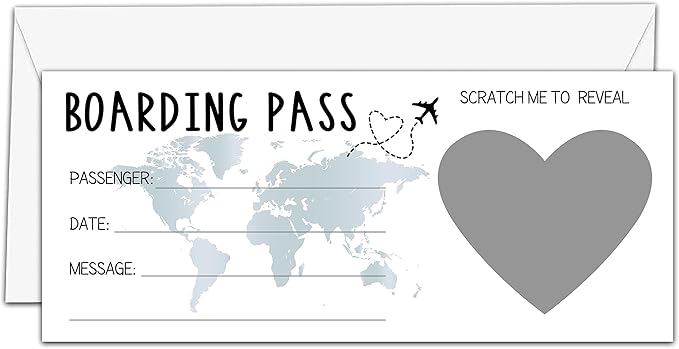 AWSICE Scratch Surprise Boarding Pass, 1 Set Make Your Own DIY Travel Ticket, Surprise Reveal Card for Holiday, Christmas, Wedding, Birthday, Anniversary, Party Supply(3.5"x8" Silver)-A005
