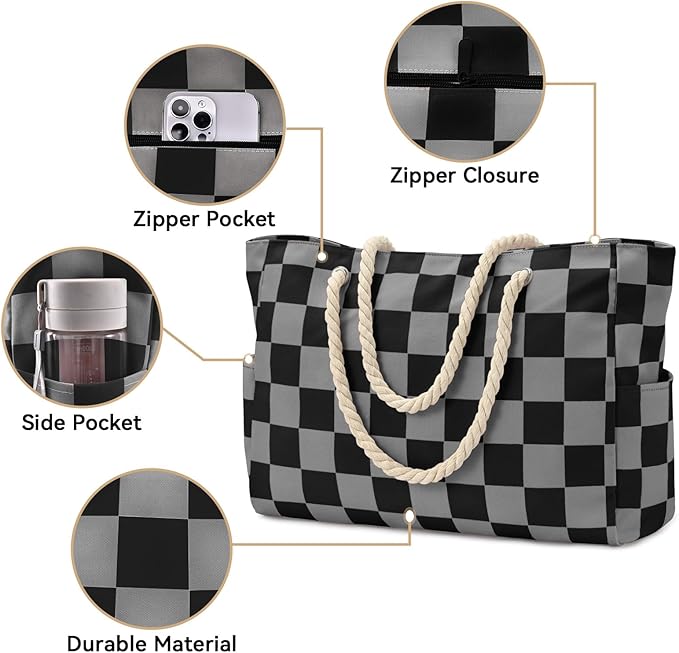Becokan Beach Bags for Women Checkered Large Beach Tote Bag Zipper Beach Bags Waterproof Sandproof Canvas Swim Pool Bag