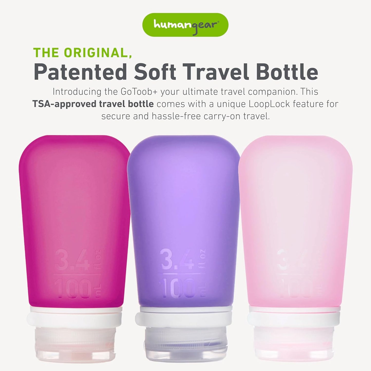 humangear GoToob+ Refillable Silicone Travel Size Bottles with Locking Cap, 3pk Set, Rose/Lilac/Magenta, Large (3.4 fl.oz; 100ml)