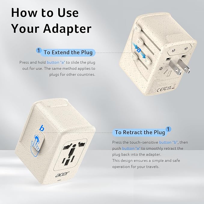 Acer Universal Travel Plug Adapter - International Power Adapter with 5 USB Ports (3 USB C) 5.8A, Worldwide Outlet Charger for USA to European UK France Germany Spain, Type C/E/F/G/I/L/A,Beige