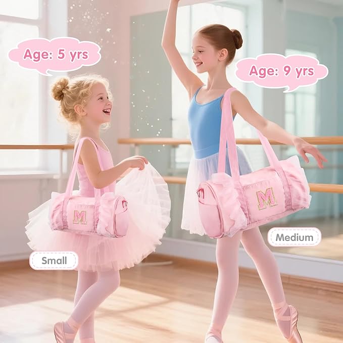 Personalized Initial Dance Bag for Girls 4-6, Small Lace Gym Sport Yoga Cheer Dance Bags Gift for Teen Girls, Cute Letter Kids Ballet Bag Toddler Travel Duffel Tote with Adjustable Straps(Pink-M)