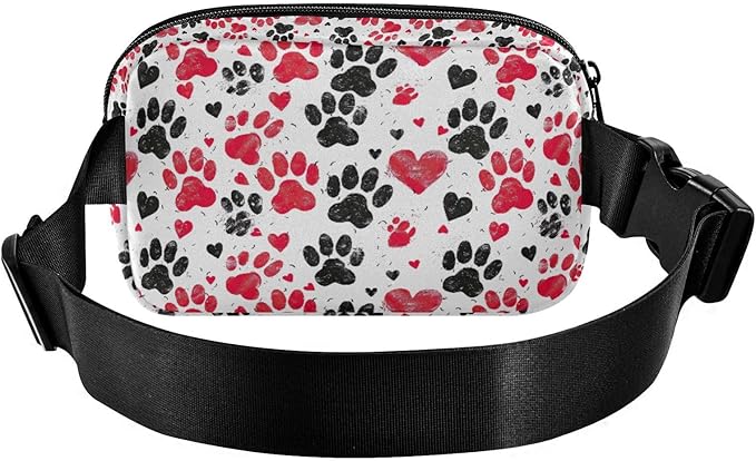Black and Red Paw Prints with Hearts Fanny Pack for Women Men Water Resistant Fashion Waist Packs with Adjustable Strap Belt Bag for Travel Workout Jogging Hiking 21218414