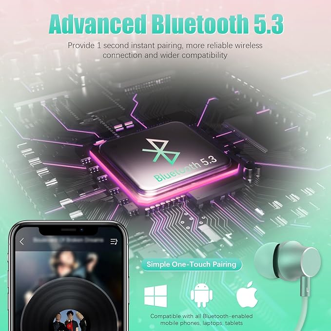 Neckband Bluetooth Headphones, 200H Extra Long Playtime Wireless Stereo Neckband Earbuds with Microphone, Waterproof Balanced Armature Drivers in Ear Headset for Sports/Workout (Pink Green)