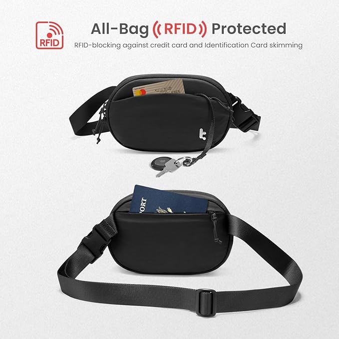 tomtoc Belt Bag with RFID Blocking, 1.5L Cross Body Fanny Pack for Women Men, Sling Waist Bags with Adjustable Strap for Travel Walk