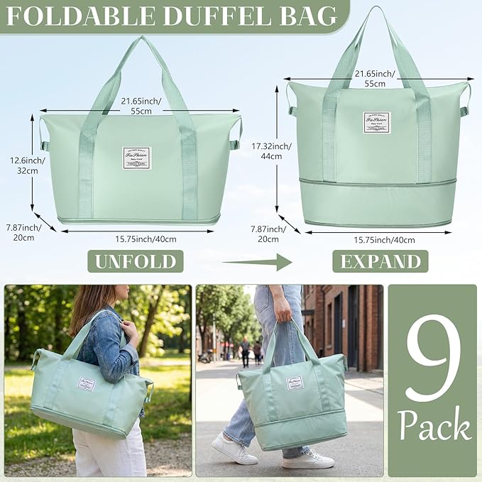 9 Pack Expandable Travel Bags Bulk, Foldable Duffel Bag for Travel Waterproof Shoulder Weekender Overnight Totes with Wet Pocket Sports Gym Totes Airport Carry on Luggage for Women Men