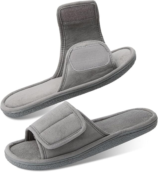 WALKFUN Men's Open Toe Slippers Adjustable Slip-on Memory Foam Indoor Slippers for Men Non Slip Outsole