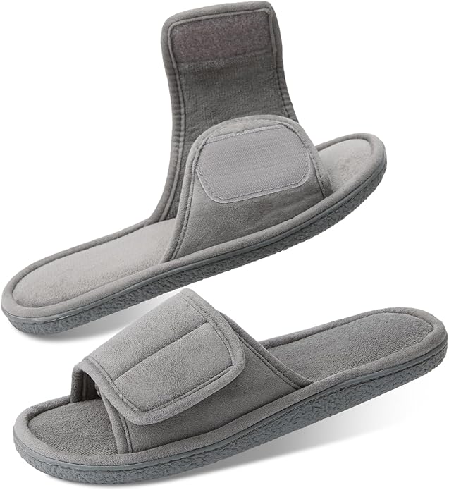 WALKFUN Men's Open Toe Slippers Adjustable Slip-on Memory Foam Indoor Slippers for Men Non Slip Outsole