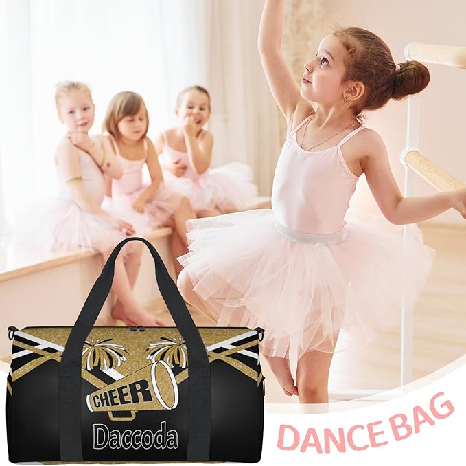 Custom Cheerleading Dance Bag, Personalized Large Sports Gym Travel Sleepover Duffle Bag with Name for Trip, Yellow Gold Glitter Black Cheer