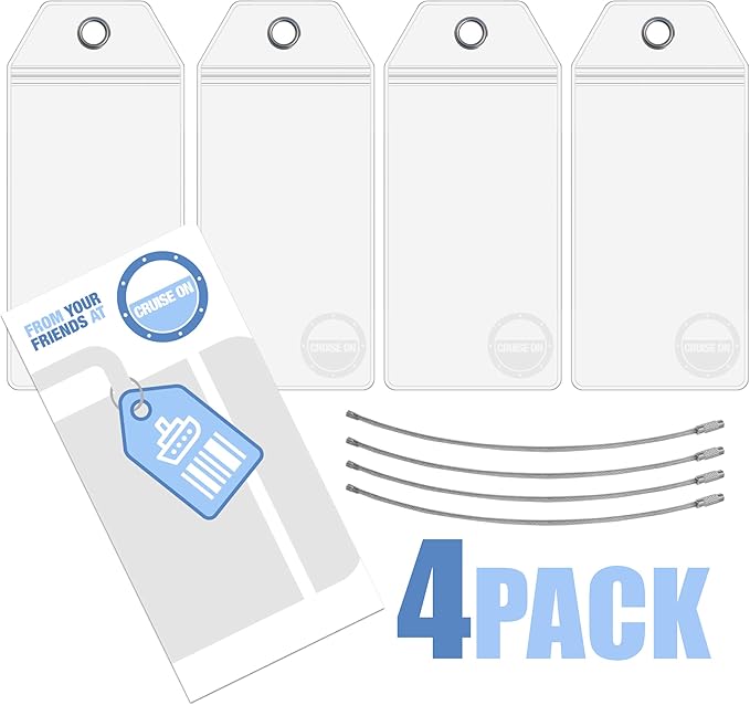 Cruise On Cruise Luggage Tag Holder [4 Pack] - Fits All Carnival & Seabourn Ships & Tags - Cruise Essentials 2026 & 2027 - Waterproof & Clear Luggage Tags