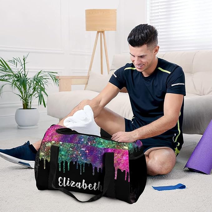 Custom Handheld Crossbody Travel Bag Colorful Black Sequin Glitter Print Lightweight Gym Bags Duffel Bag with Name Adjustable Shoulder Strap Backpacks