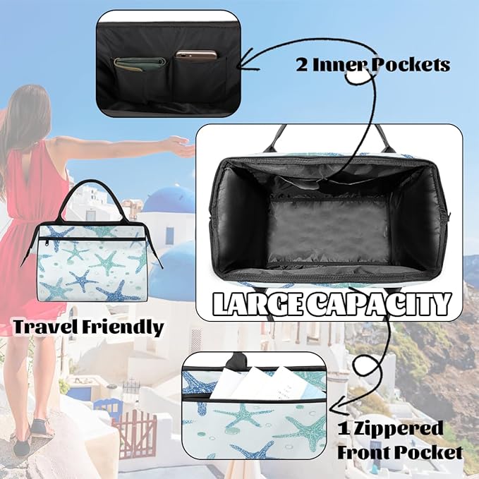 Gym Bag for Women Men, Teal Blue Starfish Pattern Sports Duffel Bags, Waterproof Travel Weekender Overnight Carry On Tote Bags for Travel Sports