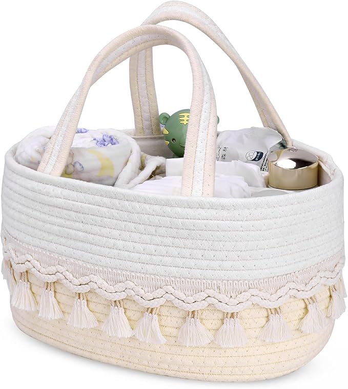 Diaper Caddy Organizer, Stylish Nursery Storage Basket, Baby Shower Basket with Tassel Decorative Appearance, Portable Storage Basket Suitable for Family and Car Travel
