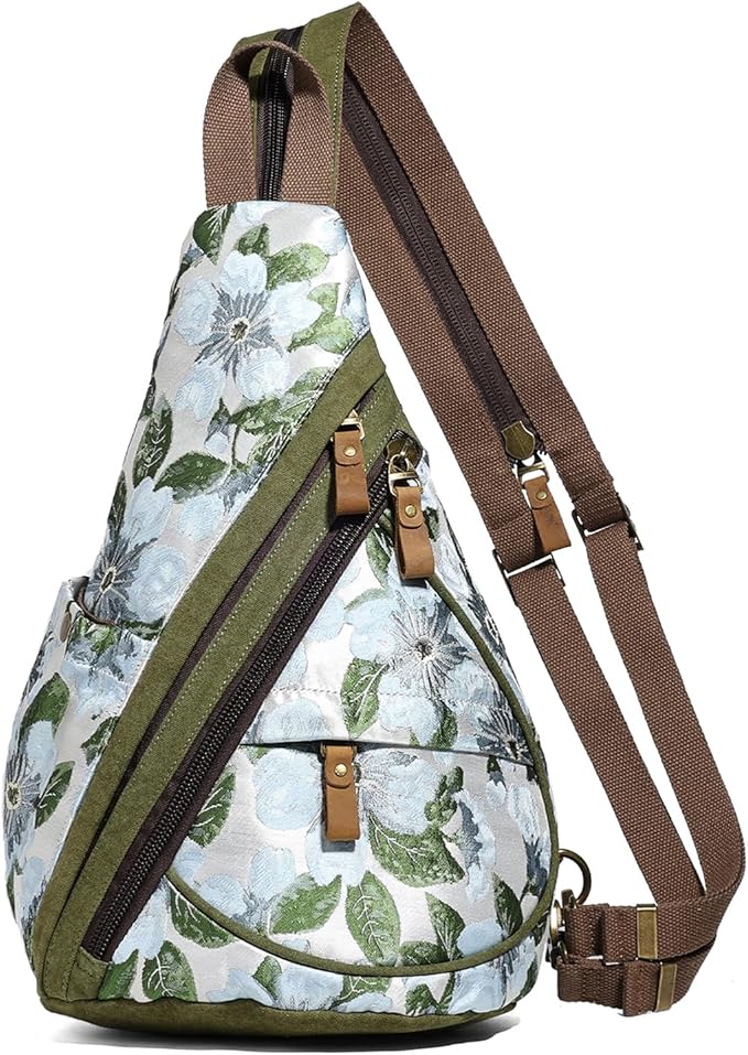 KL928 Canvas Sling Bag - Small Crossbody Backpack Shoulder Casual Daypack Rucksack for Men Women(Embroidery Green)