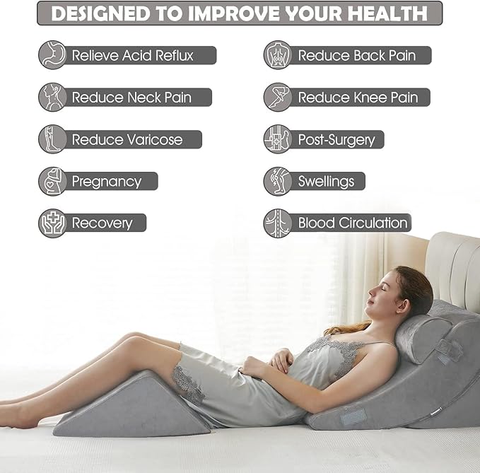 4pcs Orthopedic Bed Wedge Pillow Set Post Surgery Relaxing Back Adjustable Head Support Cushion Triangle Memory Foam Pillow for Acid Reflux Sleeping Reading Leg Elevation Snoring (Light Grey, 4PCS)