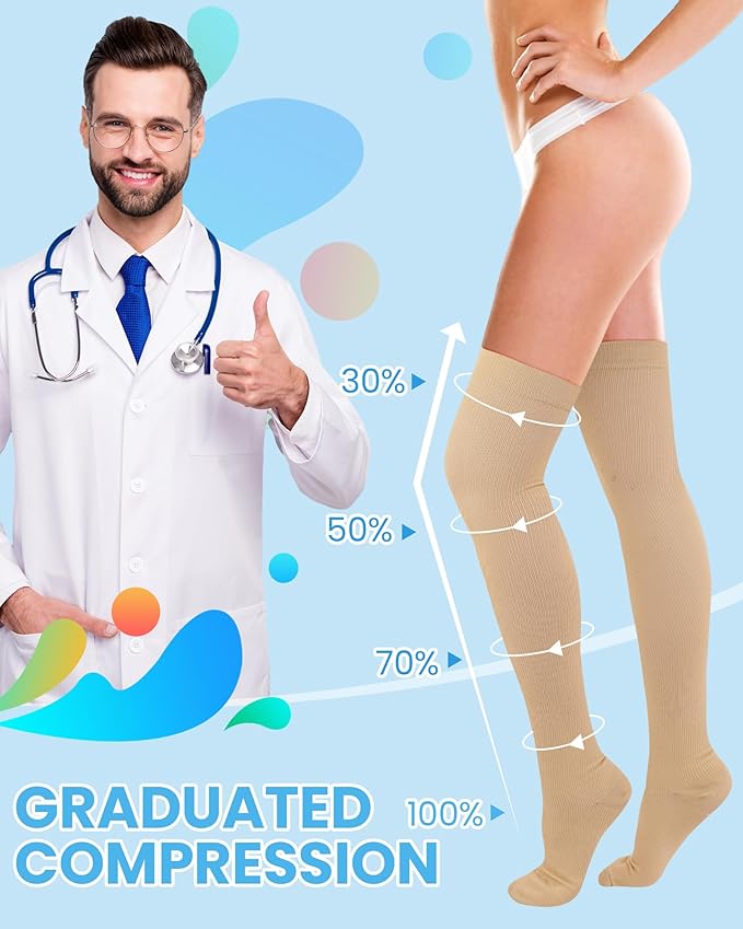 6 Pcs Large Size Thigh Compression Socks for Women Men 20-30 Mmhg Circulation Wide Calf Knee Support Stocking for Nurse, Running, Travel