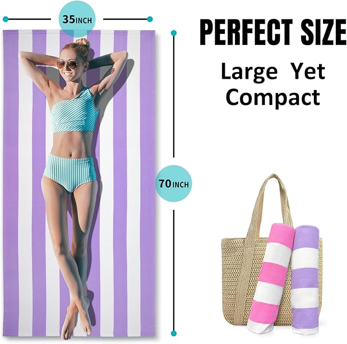 cabanana Large Oversized Beach Towel - Microfiber Sand Free 35 x 70 Inch Quick Dry Lightweight Pool Towel for Adults, Thin Striped Swim Towel