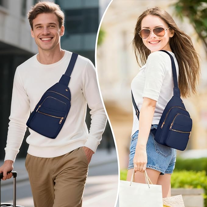 Small RFID Waterproof Travel Crossbody Sling Bags for Women Men, Hands Free Lightweight Sling Backpack Fanny Pack Cross Body Bag for Outdoors Hiking Traveling Fitness Commuting Dark Blue