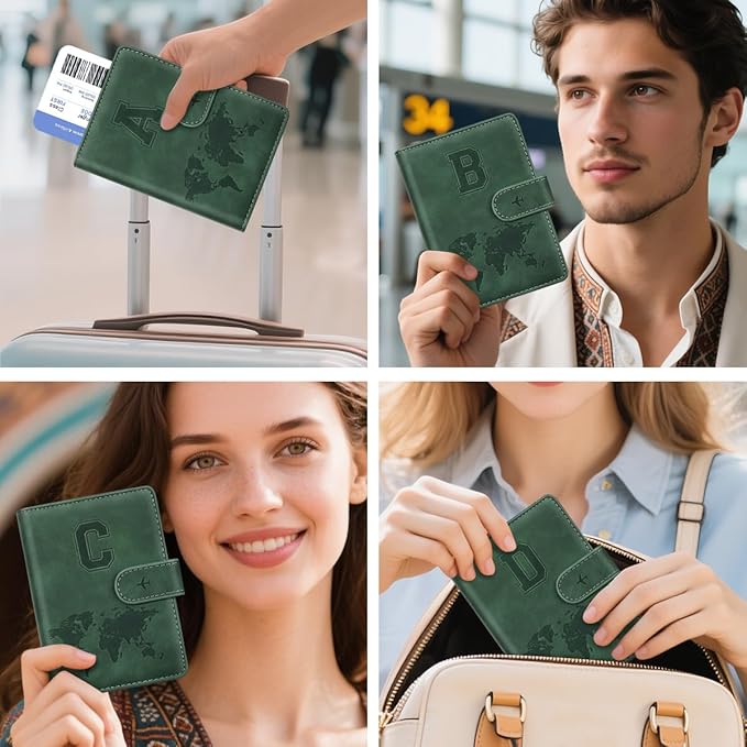 Personalized C Passport Holder Cover Initial Letter Travel Wallet RFID Blocking Passport Cover Credit Card Holder Case Passport Book Holders for Women and Men, Pine Green-C