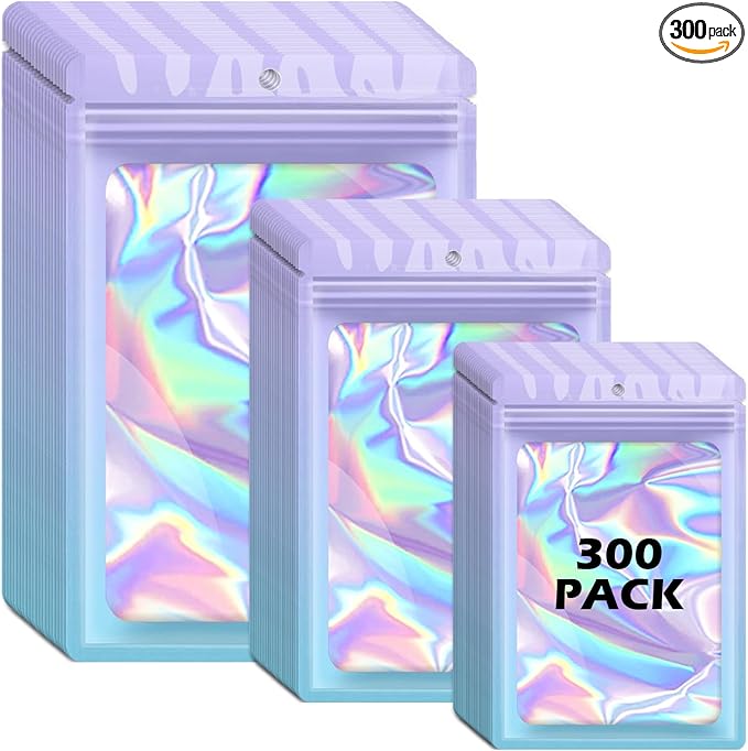 300 Pcs Holographic Mylar Bags, 3 Size Smell Proof Bags with Clear Window Foil Pouch Bags Resealable Bags for Small Business and Food Storage, Purple Blue