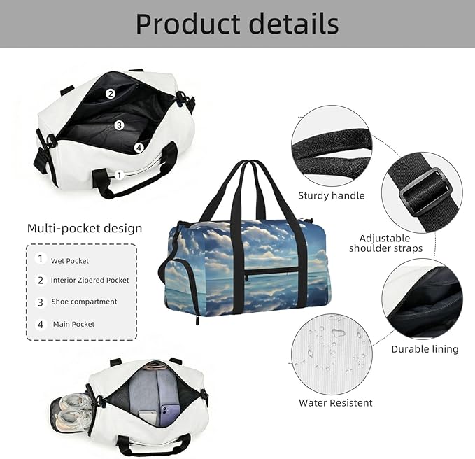 White clouds over the sea Print Gym Bag with Shoe Compartment for Women Men, 17.7in Sports Duffle Weekender Tote, Overnight Travel Duffel Bag Carry On