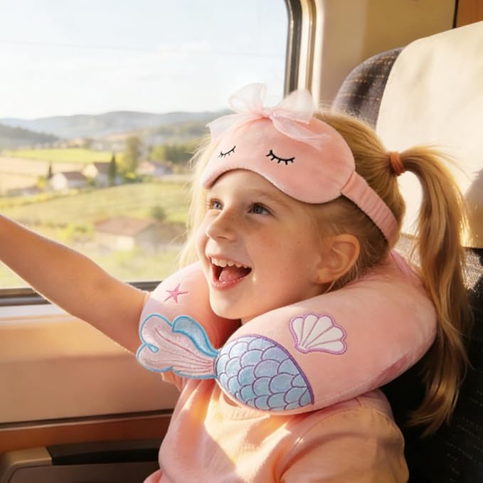 Travel Pillow, Travel Accessories for Car Airplane Traveling, Soft Memory Foam Kids Travel Pillow with Sleep Eye Mask Kids Neck Pillow for Boys & Girls - Cute Pink Mermaid