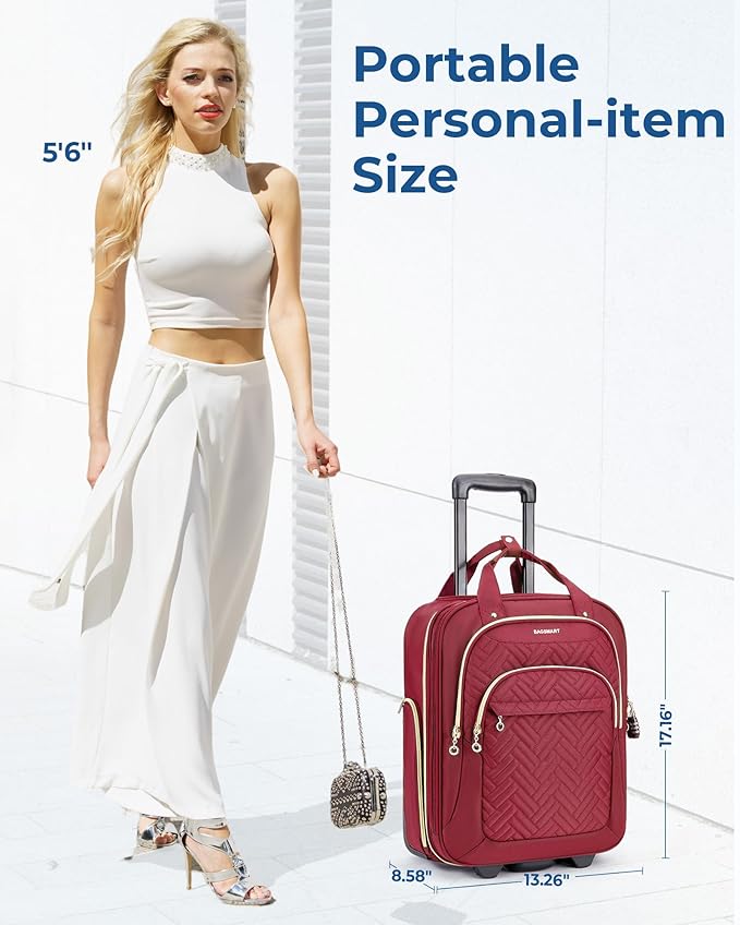 BAGSMART Carry On Luggage Underseat Suitcase with Wheels, 16-inch Luggage Airline approved Underseater Softside Travel Suitcase Lightweight Overnight Rolling Carry-on Luggage for Women Men, Red