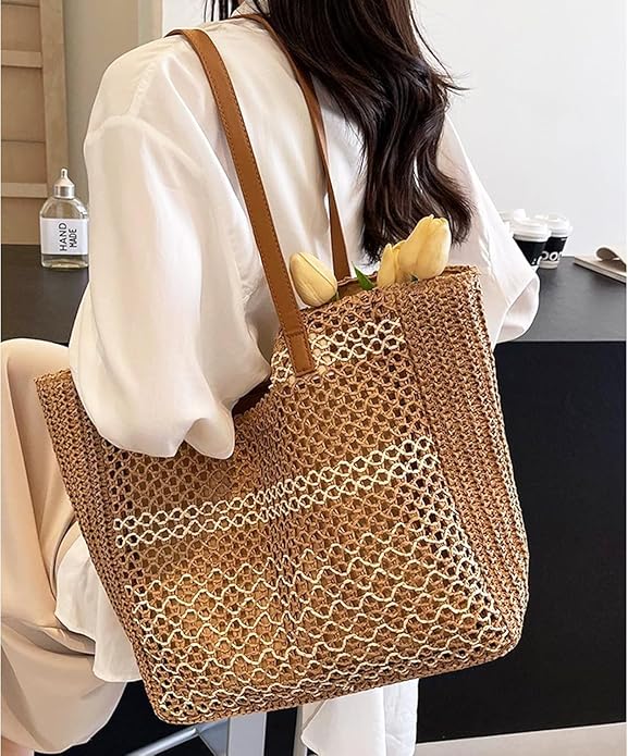 Womens Straw Beach Bag - Summer Woven Handbag Shoulder Tote Bag for Vacation, Travel