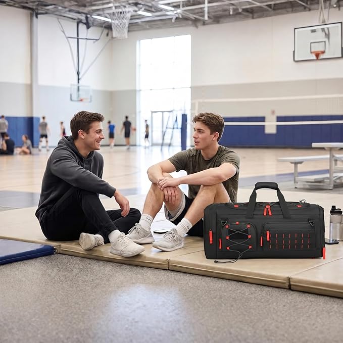 Gym Bag for Men and Women, 50L Extra Large Duffle Bag, 3-in-1 Travel Sports Duffel Bags with Shoe & Laptop Compartment for Overnight Weekender Gym Traveling Workout Deployment, Black+Red