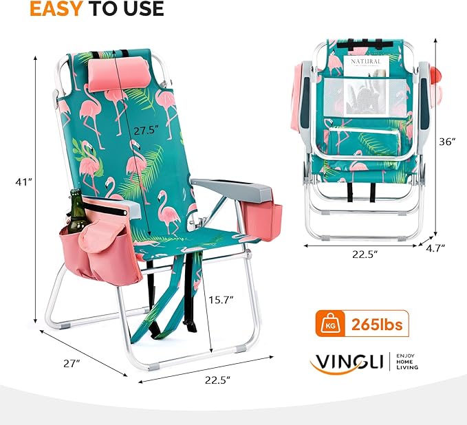 VINGLI Tall Beach Chair 2 Pack Lightweight, Backpack Beach Chair for Adults with 5-Position, Cooler Bag, Cup Holders, Towel Bar, Lightweight Folding Beach Camping Chairs