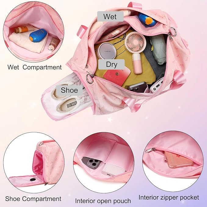 Dance Dag for Girl Sports Duffle Dag Gym Ballet Bag Corduroy Overnight Bag with Shoe Compartment and Dry Wet Pocket.