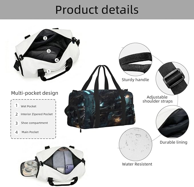 Future Robot Print Gym Bag with Shoe Compartment for Women Men, 17.7in Sports Duffle Weekender Tote, Overnight Travel Duffel Bag Carry On