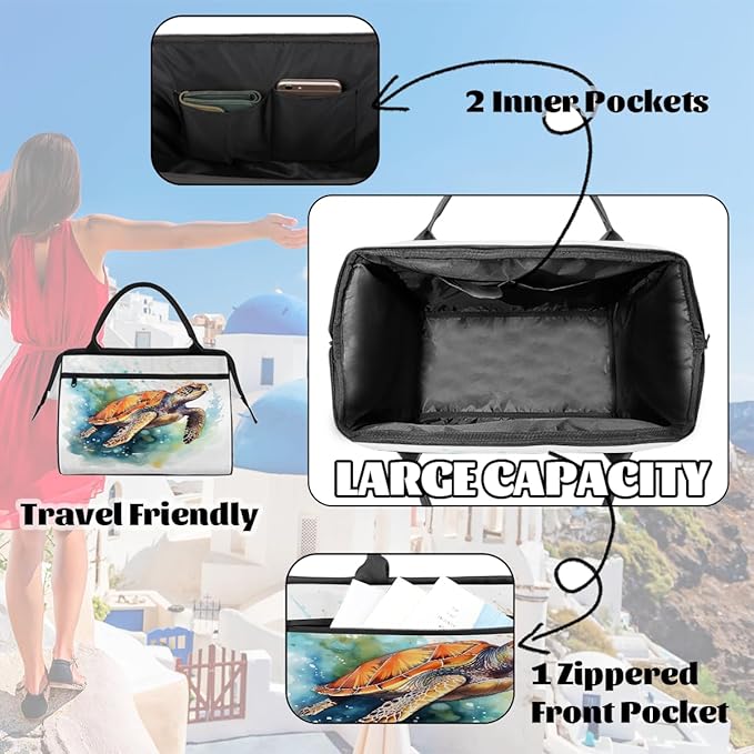 Watercolor Turtle Painting Travel Duffel Bag, Waterproof Sports Gym Duffle Bag, Large Capacity Weekender Carry On Overnight Bags for Women Men