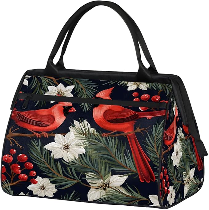 Overnight Weekender Bags for Women Men, Winter Red Bird Floral Waterproof Travel Carry On Duffel Bag, Lightweight Sports Gym Bag for Fitness, Workout, Travel