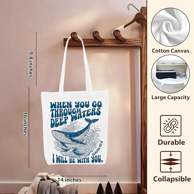 Floral Beach Whale Shark Gifts Jellyfish Christian Canvas Tote Bag for Work Totes for Women Christmas Bible