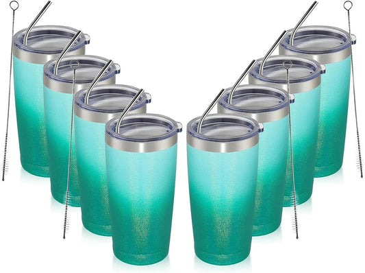 MEWAY 20oz Tumbler 8 Pack Double Wall Vacuum Insulated Travel Glitter Mug Bulk, Stainless Steel Tumblers with Lid and Straw, Powder Coated Coffee Cups for Woman(Gradient Green,Set of 8)