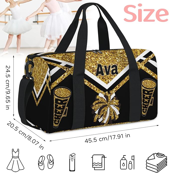 Custom Cheerleading Bag for Dancer, Overnight Duffel Tote Cheerleaders Personalized Sport Gym Travel Practice Gymnastics Duffel Bag, Yellow Gold Glitter Black