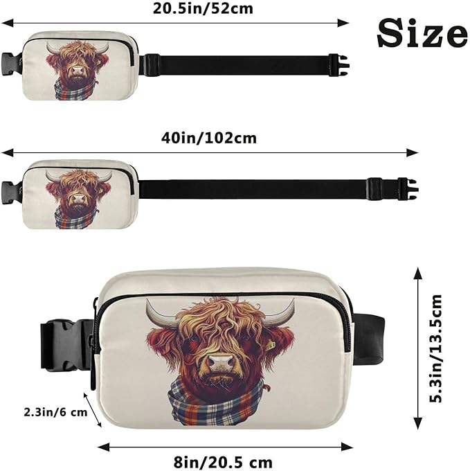 Scottish Highland Cow with Plaid Scarf Fanny Pack for Women Men Water Resistant Fashion Waist Packs with Adjustable Strap Belt Bag for Travel Workout Jogging Hiking 21218524